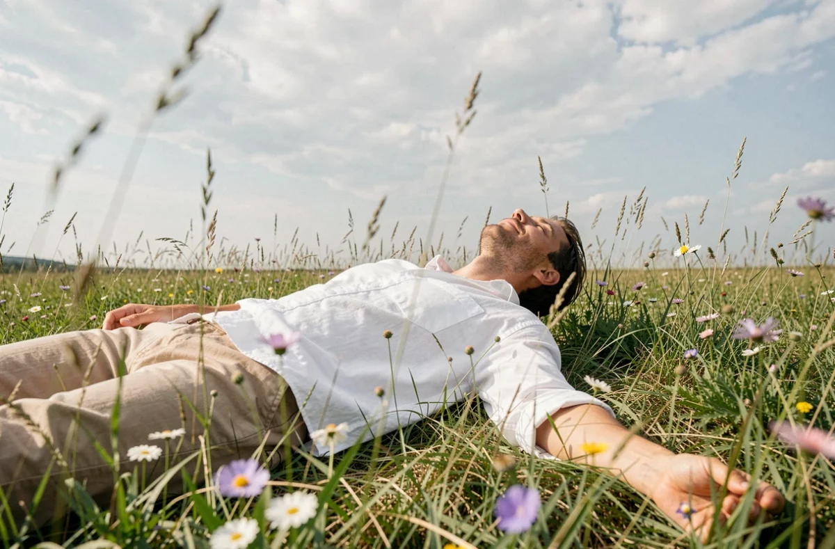 Personne allongée dans un champ de fleurs sauvages en état de pleine conscience, représentant l'éveil et les niveaux élevés de conscience