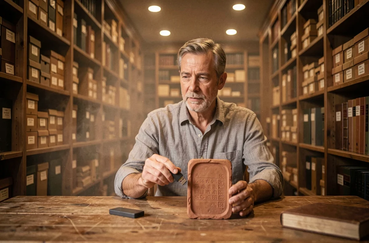 Historien comparant un support numérique moderne à une tablette d'argile ancienne dans une bibliothèque d'archives pour illustrer l'évolution du stockage de données