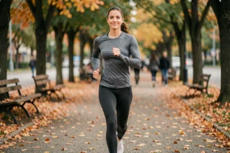 Femme qui fait du jogging en plein air dans un parc automnal pour améliorer sa santé mentale