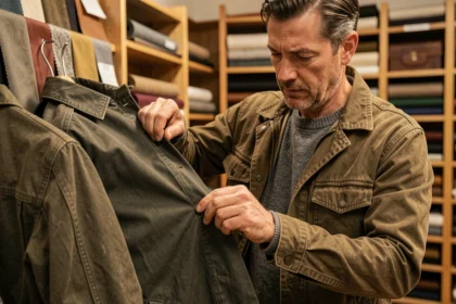 Expert textile examinant la durabilité d'une veste en coton ciré dans un atelier de confection artisanale