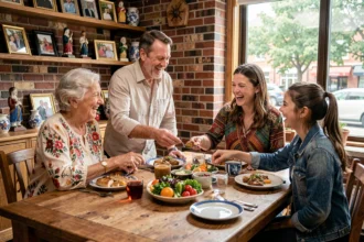 Famille multigénérationnelle et multiculturelle partageant un repas convivial autour d'une table en bois avec des plats variés