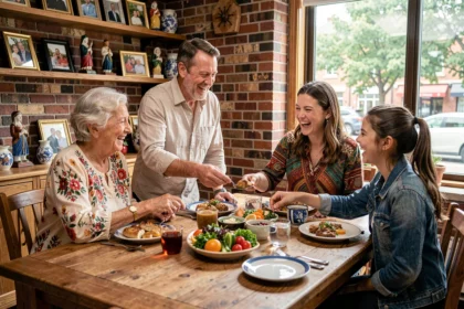 Famille multigénérationnelle et multiculturelle partageant un repas convivial autour d'une table en bois avec des plats variés