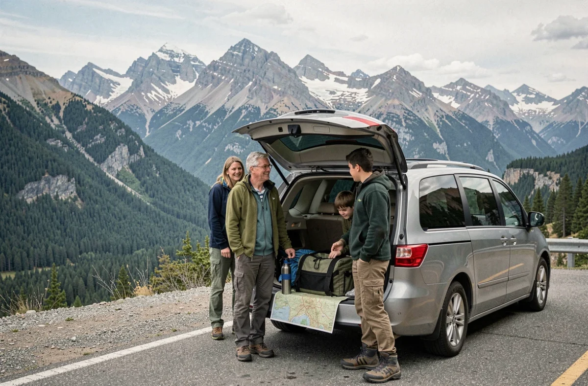 Famille en road trip s'arrêtant à un point de vue panoramique dans les montagnes Rocheuses du Colorado