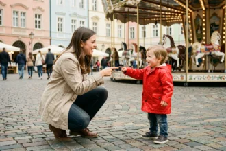 Mère et enfant de 3 ans découvrant un carrousel coloré sur une place historique en Europe lors d'un voyage en famille