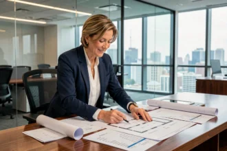Femme d'affaires dans une agence immobilière moderne analysant des documents financiers et des plans architecturaux sur un bureau en acajou