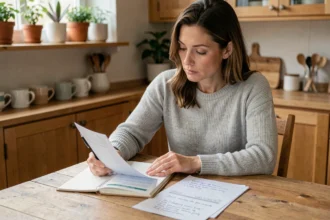 Femme analysant ses relevés bancaires et son budget à la maison pour comprendre ses habitudes d'épargne