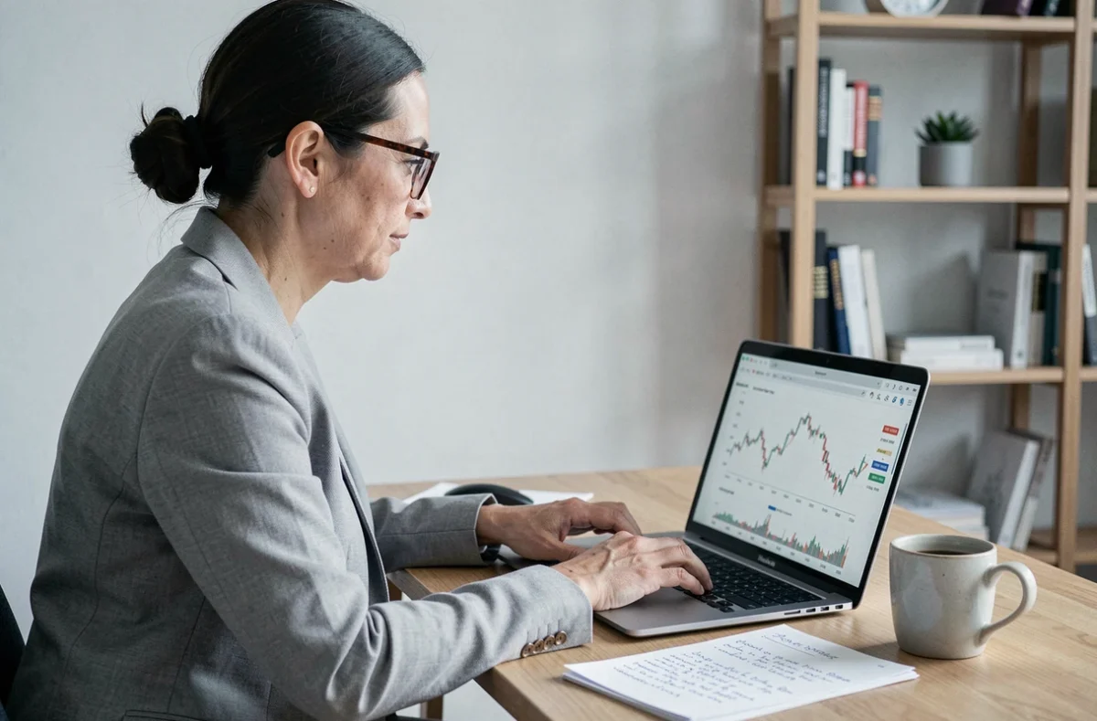 Femme analysant l'évolution des taux immobiliers sur un ordinateur portable dans un bureau à domicile épuré