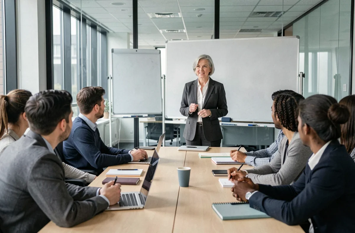 Femme cadre senior animant une réunion professionnelle, symbole de l'avantage à l'embauche des travailleurs expérimentés
