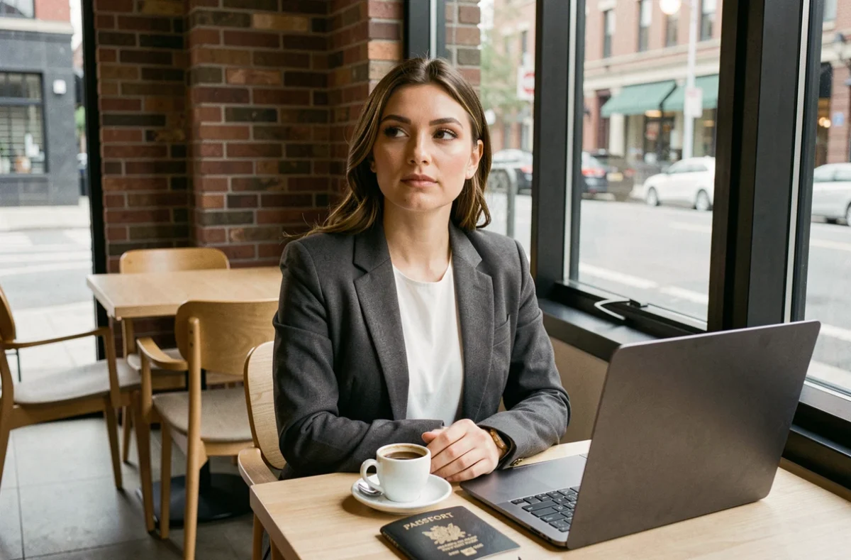 Femme élégante dans un café urbain tenant un passeport ouvert, symbolisant l'attractivité des nationalités étrangères
