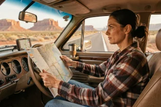 Femme consultant une carte routière au volant d'un break américain sur une route désertique du Sud-Ouest américain