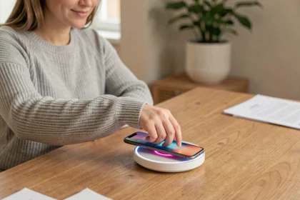 Femme posant son smartphone sur un chargeur sans fil circulaire sur un bureau en bois dans un bureau à domicile moderne