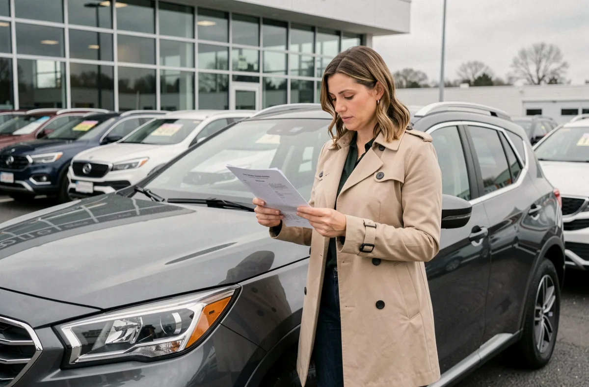 Femme examinant le dossier d'un SUV d'occasion dans une concession automobile pour choisir le modèle le plus fiable