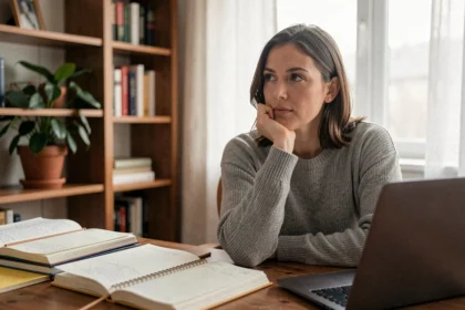 Femme distraite assise à son bureau, illustrant un manque de concentration et d'attention au travail