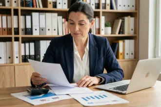 Femme examinant des documents de prêt hypothécaire à son bureau à domicile