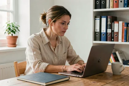 Femme entrepreneur travaillant seule dans un bureau à domicile avec un ordinateur portable et un carnet de notes