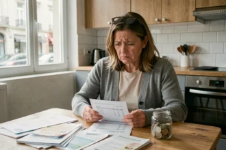 Femme préoccupée examinant ses relevés bancaires et ses économies à une table de cuisine, illustrant l'impact de l'inflation sur l'épargne personnelle