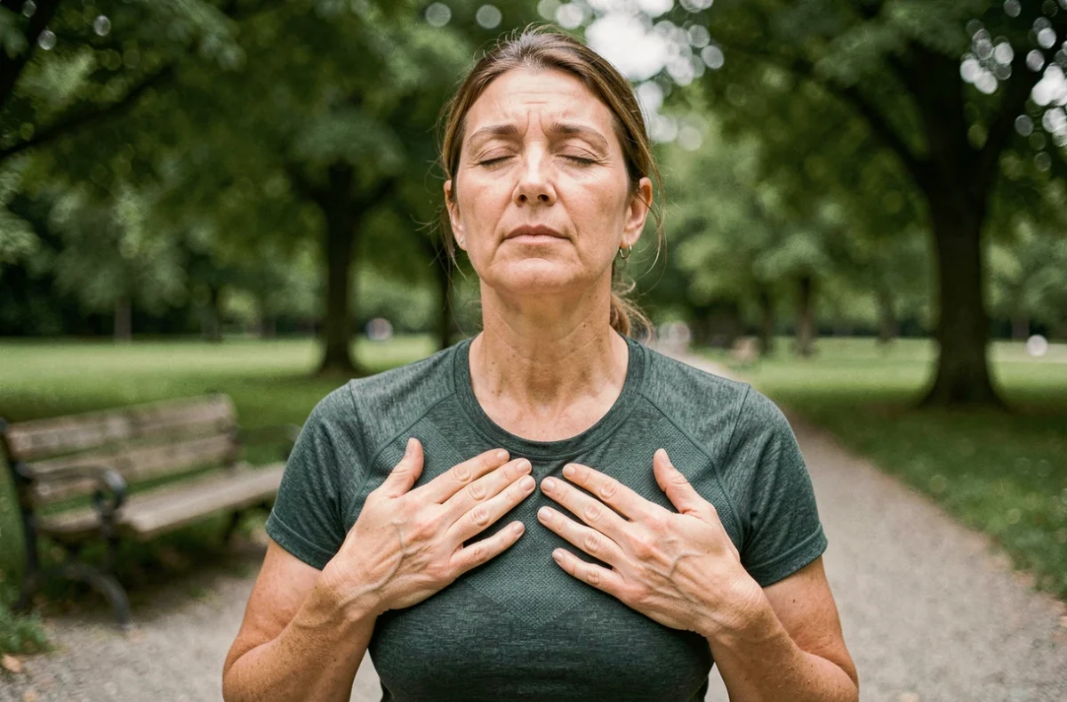 Femme pratiquant un exercice de respiration profonde en plein air dans un parc verdoyant, mains posées sur la cage thoracique