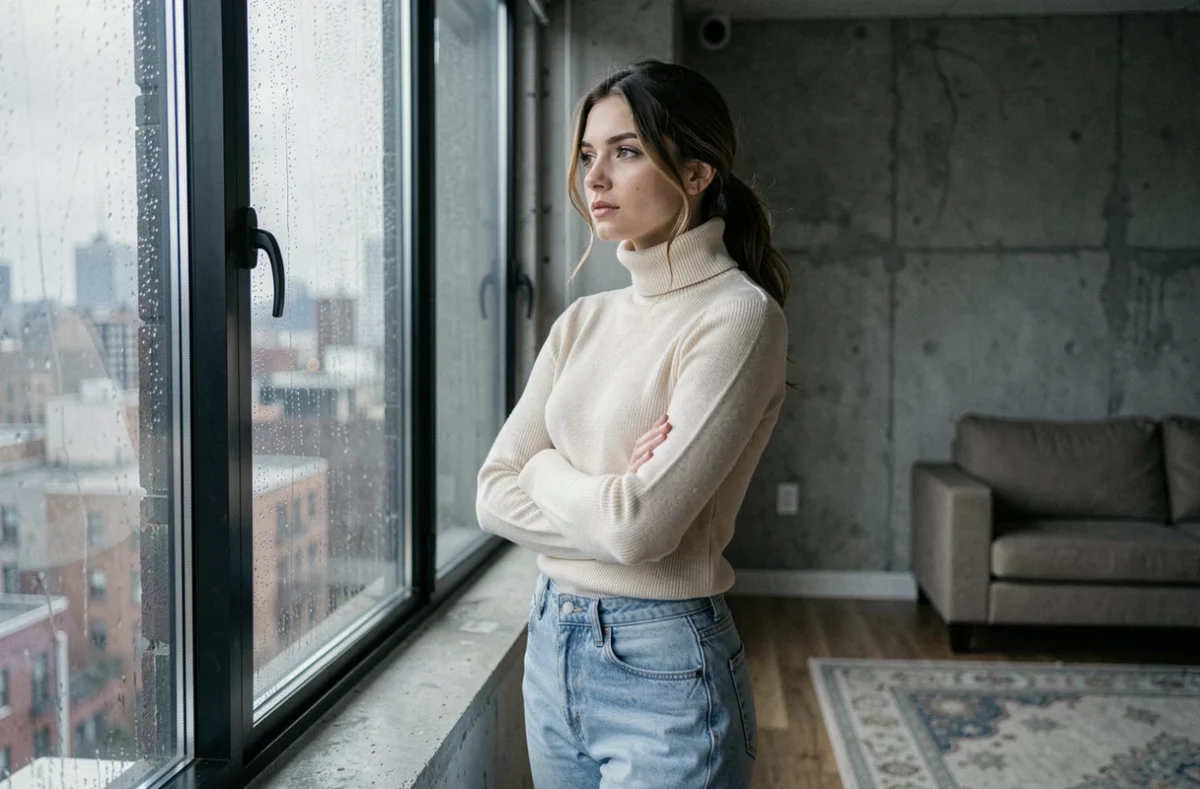 Jeune femme debout près d'une fenêtre sous la pluie, bras croisés, regard perdu dans le vide, symbolisant la prise de conscience d'un vécu traumatique