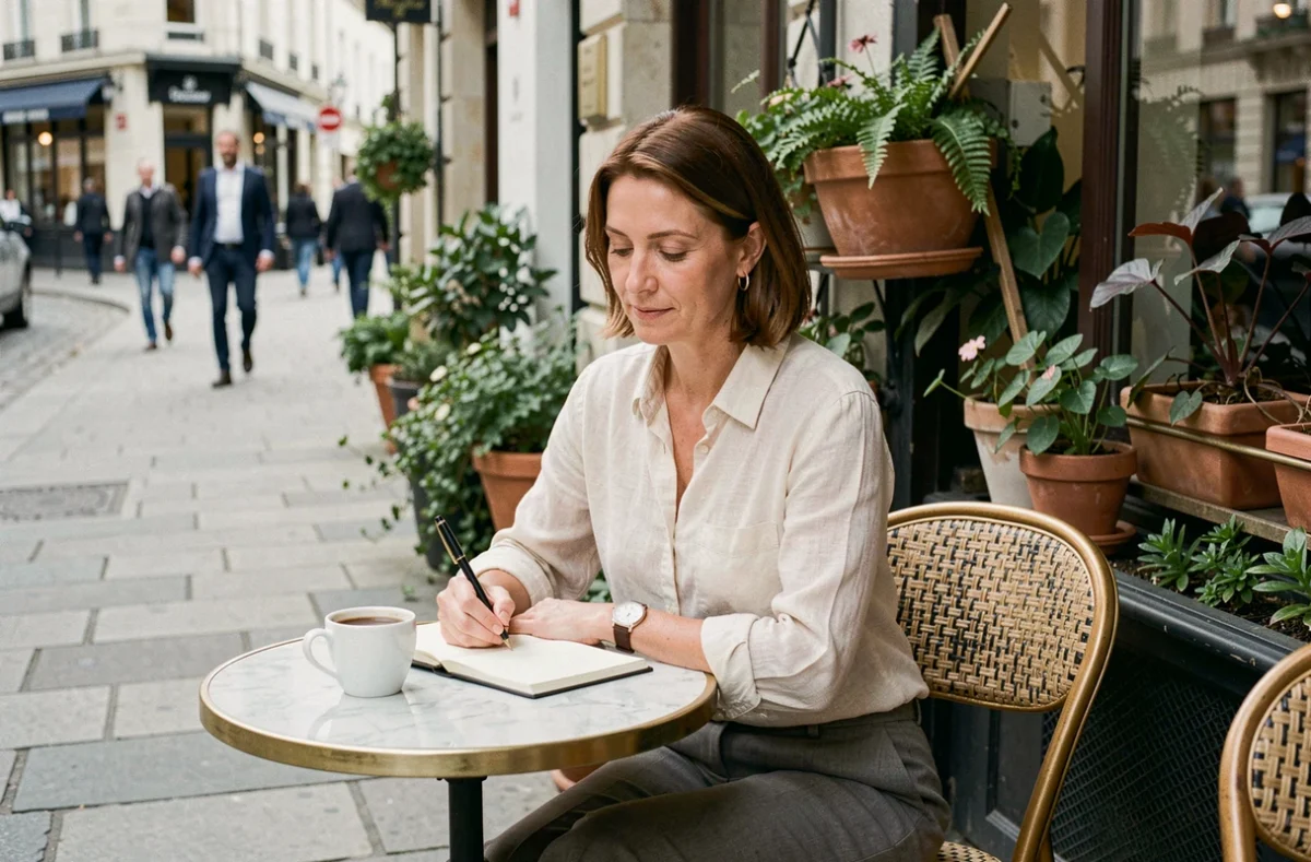 Femme indépendante écrivant dans un carnet dans un café en terrasse, symbolisant l'épanouissement personnel et l'autonomie émotionnelle