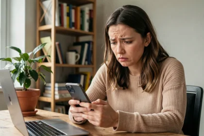 Femme inquiète consultant son smartphone sur les réseaux sociaux avec son vrai nom exposé