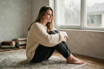 Femme adulte en position réflexive sur un plancher en bois, illustrant l'introspection liée à un traumatisme d'enfance refoulé