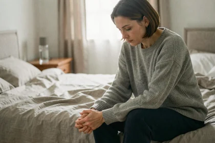 Femme assise seule sur un lit défait, regard baissé, posture introspective illustrant la reconnaissance d'un traumatisme psychologique