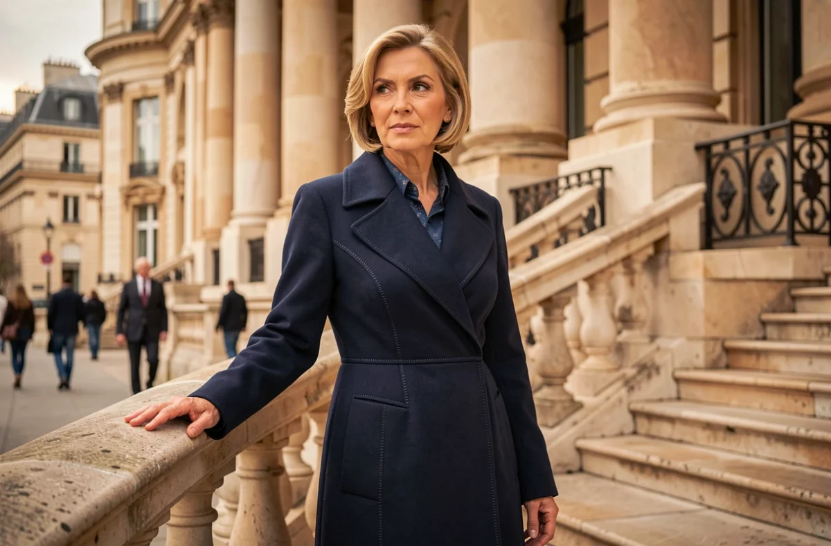 Femme élégante portant un manteau haute couture bleu marine devant un bâtiment néoclassique parisien