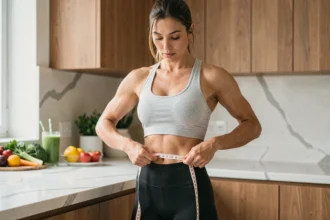 Femme mesurant son tour de taille dans une cuisine moderne avec des aliments sains en arrière-plan, illustrant la perte de graisse abdominale