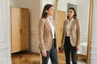 Femme élégante en blazer beige s'observant dans un miroir en pied pour évaluer sa tenue vestimentaire