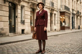 Femme élégante des années 1940 portant un tailleur en laine à épaulettes, chapeau voilé et escarpins oxford sur un pavé parisien