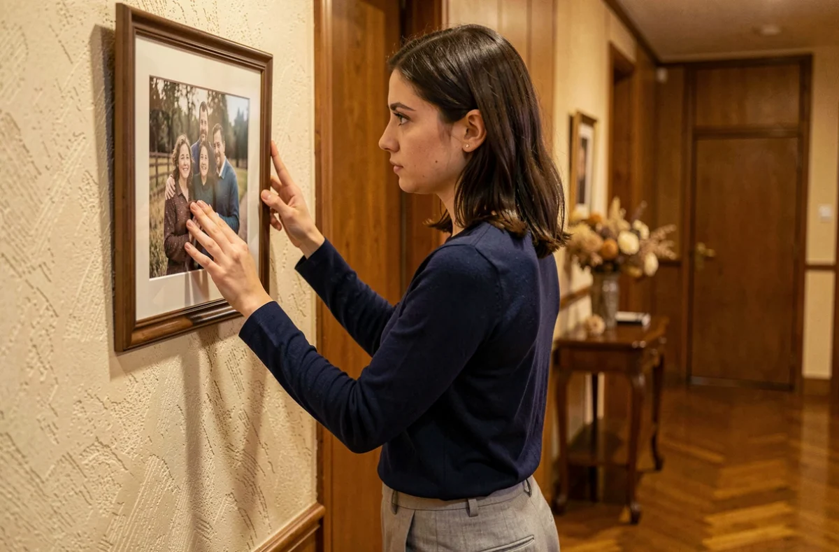 Femme adulte contemplant une photo de famille ancienne, évoquant la mémoire et le traumatisme d'enfance refoulé