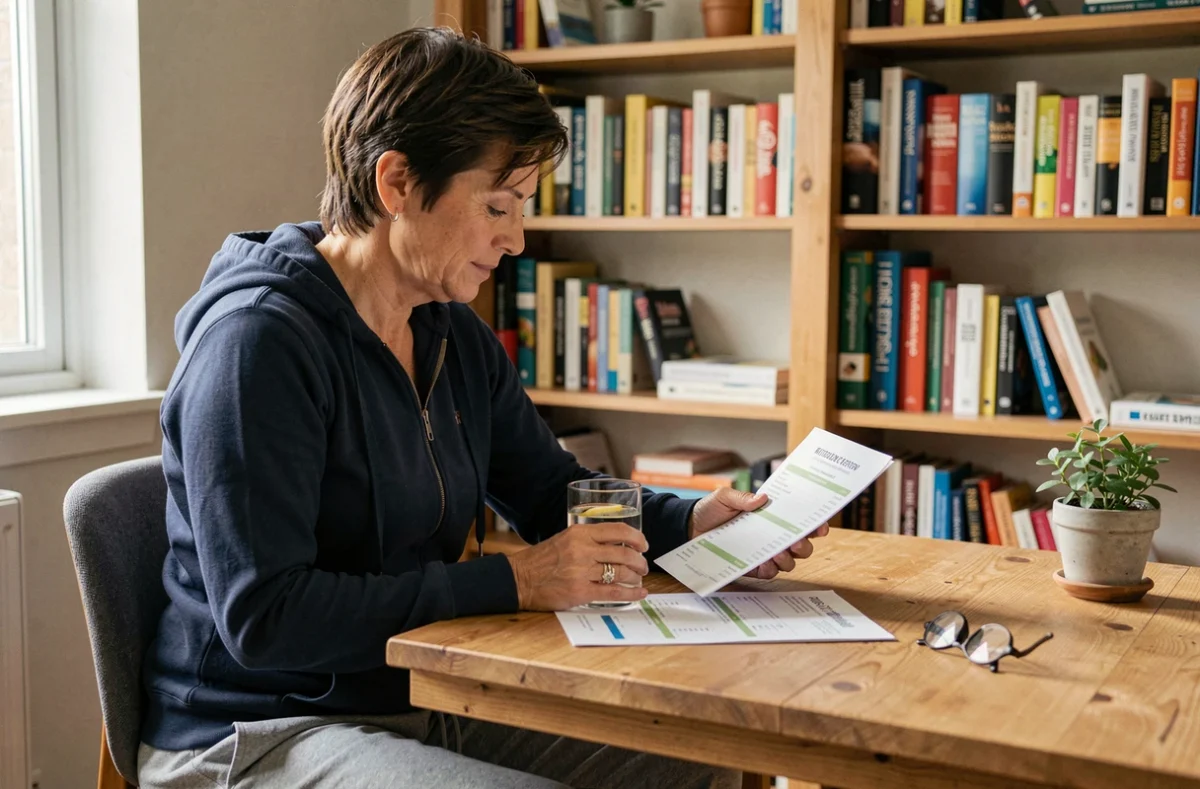 Femme d'âge mûr consultant un plan nutritionnel à son bureau pour perdre la graisse abdominale, avec un verre d'eau citronnée