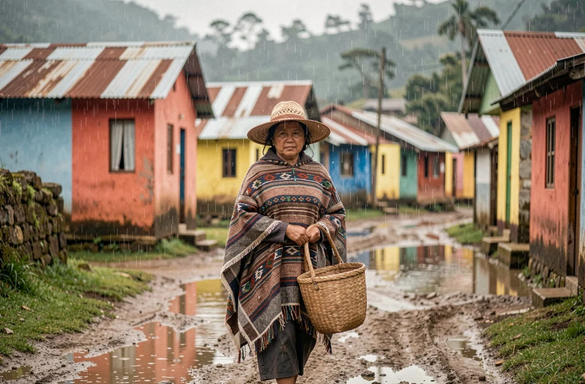 Femme locale en poncho traditionnel marchant sous la pluie dans un village de montagne en Colombie
