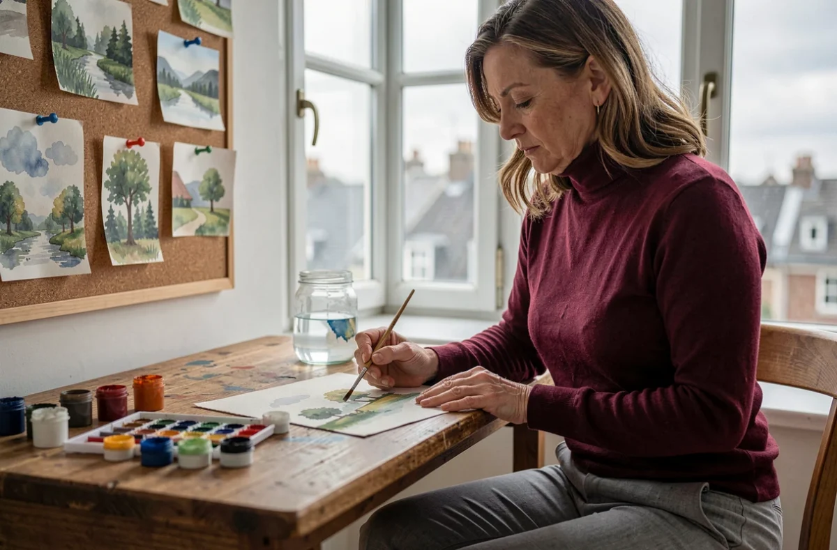 Femme seule à la maison pratiquant l'aquarelle à son bureau près d'une fenêtre