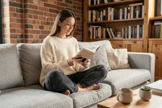 Femme seule à la maison lisant un livre sur son canapé dans un salon cosy