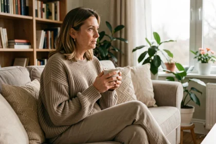 Femme seule et pensive assise sur un canapé, tenant une tasse de thé, illustrant la solitude affective et l'équilibre émotionnel féminin