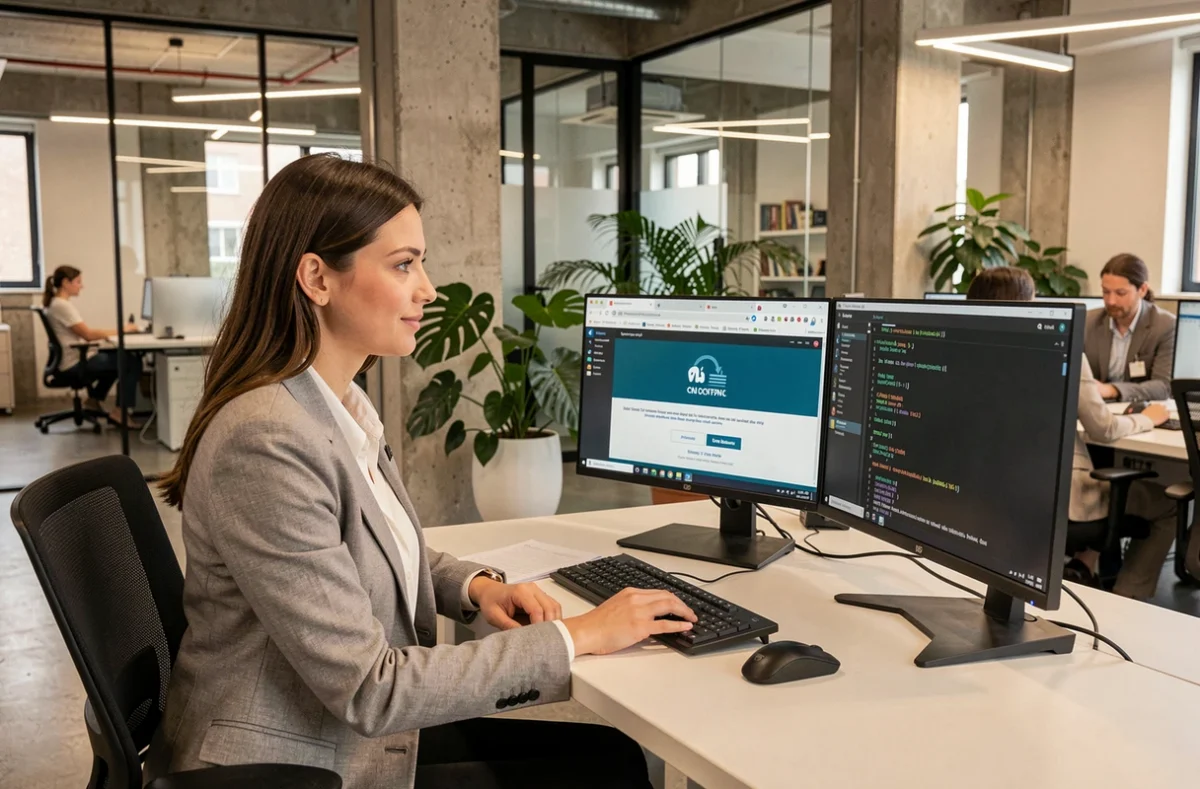 Femme professionnelle vérifiant une connexion VPN sur double écran dans un open space moderne