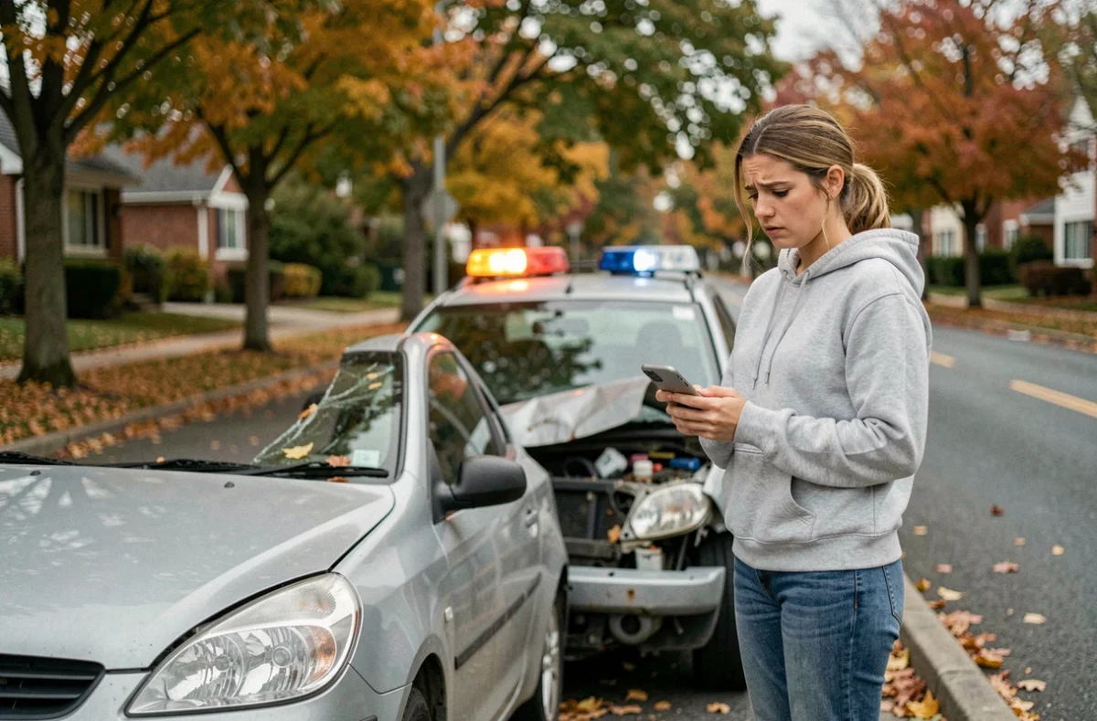 Femme inquiète à côté de sa voiture en panne sur le bord d'une route résidentielle en automne