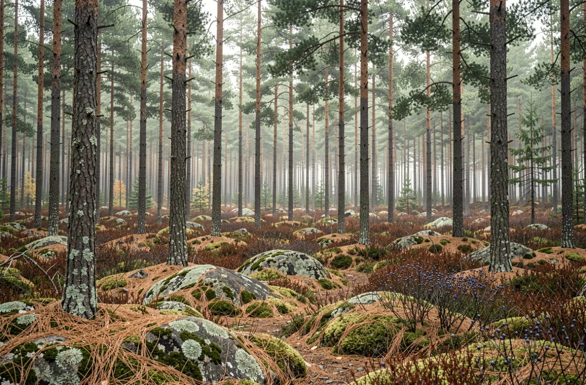 Forêt boréale scandinave avec pins et épicéas sur un sol moussu en automne, source du bois nordique