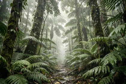 Forêt tropicale dense sous une pluie quotidienne en Colombie, feuillage vert ruisselant d'eau dans un environnement humide