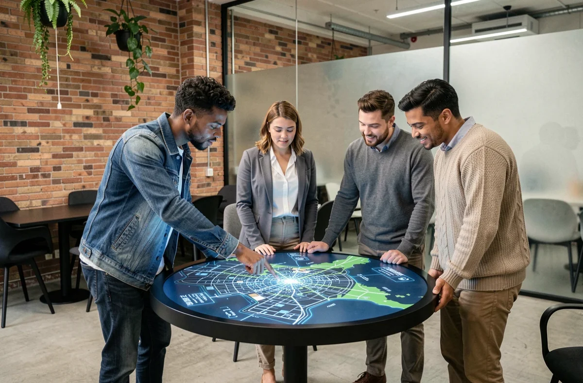 Équipe de professionnels analysant une carte urbaine interactive autour d'une table intelligente en 2026