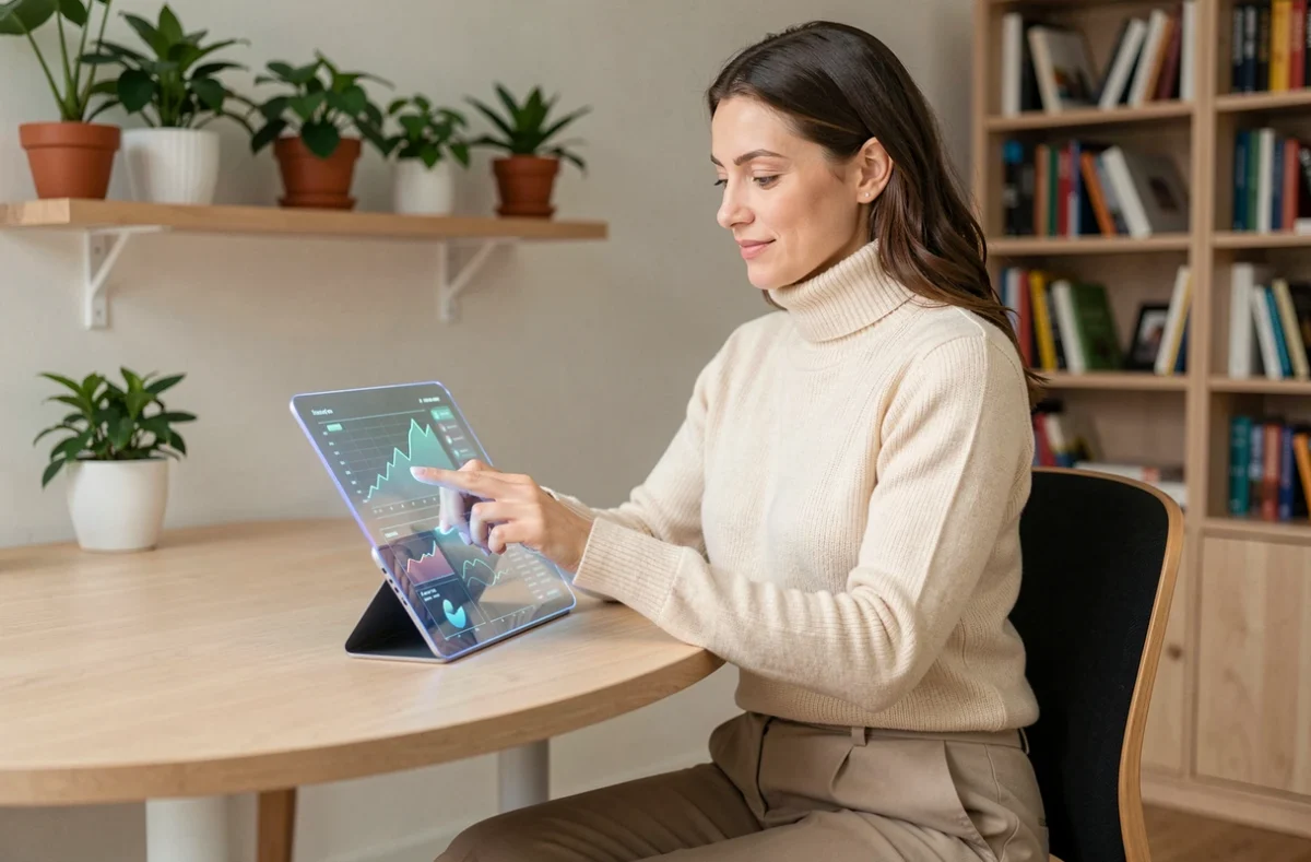 Femme travaillant sur une tablette futuriste dans un bureau minimaliste illustrant la technologie de 2026