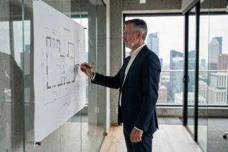 Urbaniste analysant des plans architecturaux futuristes dans un bureau moderne avec vue sur la ville en 2026