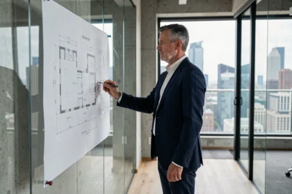 Urbaniste analysant des plans architecturaux futuristes dans un bureau moderne avec vue sur la ville en 2026
