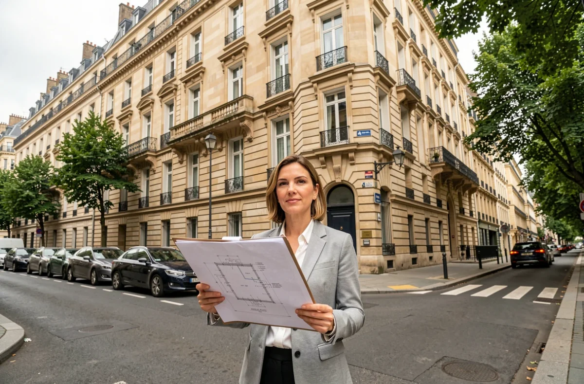 Femme gestionnaire de patrimoine devant un immeuble résidentiel représentant un investissement immobilier en SCPI