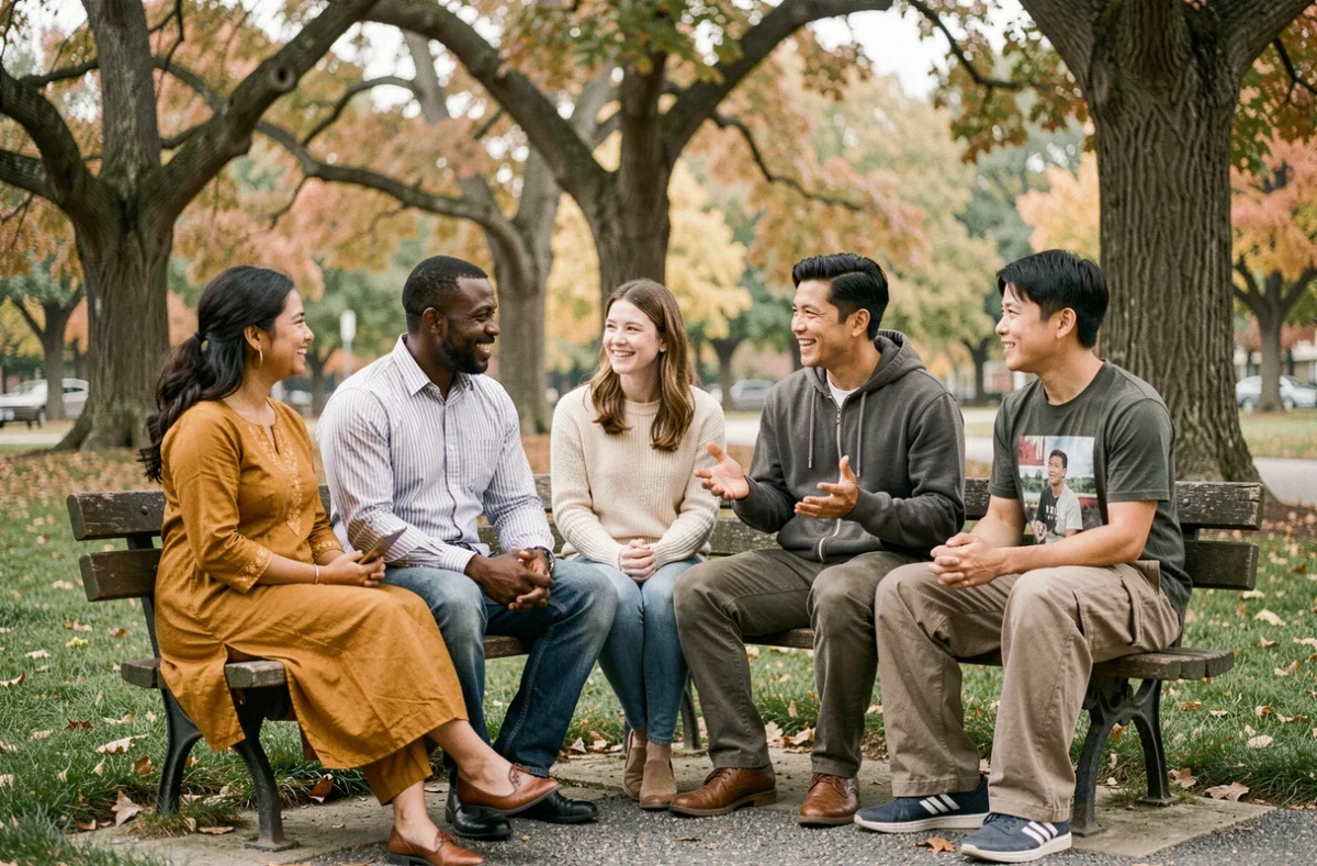 Groupe diversifié d'amis adultes de différentes origines ethniques réunis dans un parc en automne