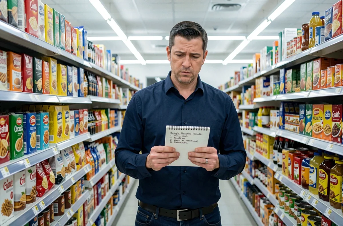 Homme comparant les prix dans un supermarché avec un carnet de budget, symbolisant la pression de l'inflation sur le pouvoir d'achat et les économies