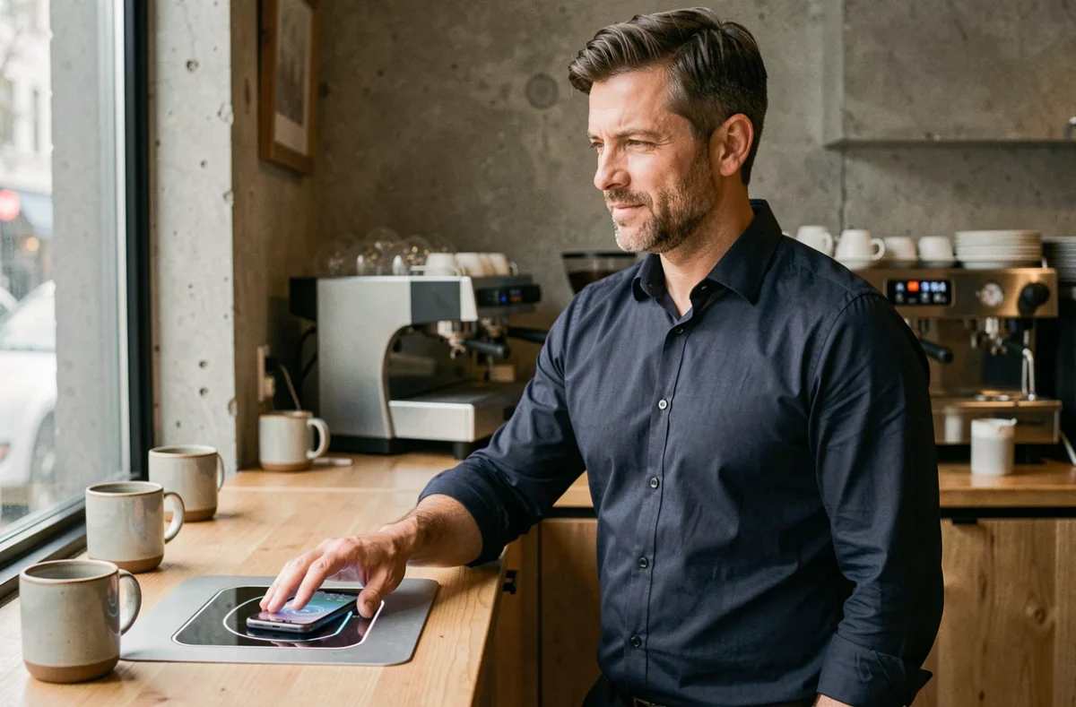 Homme chargeant son smartphone sans fil sur le comptoir intégré d'un café urbain contemporain
