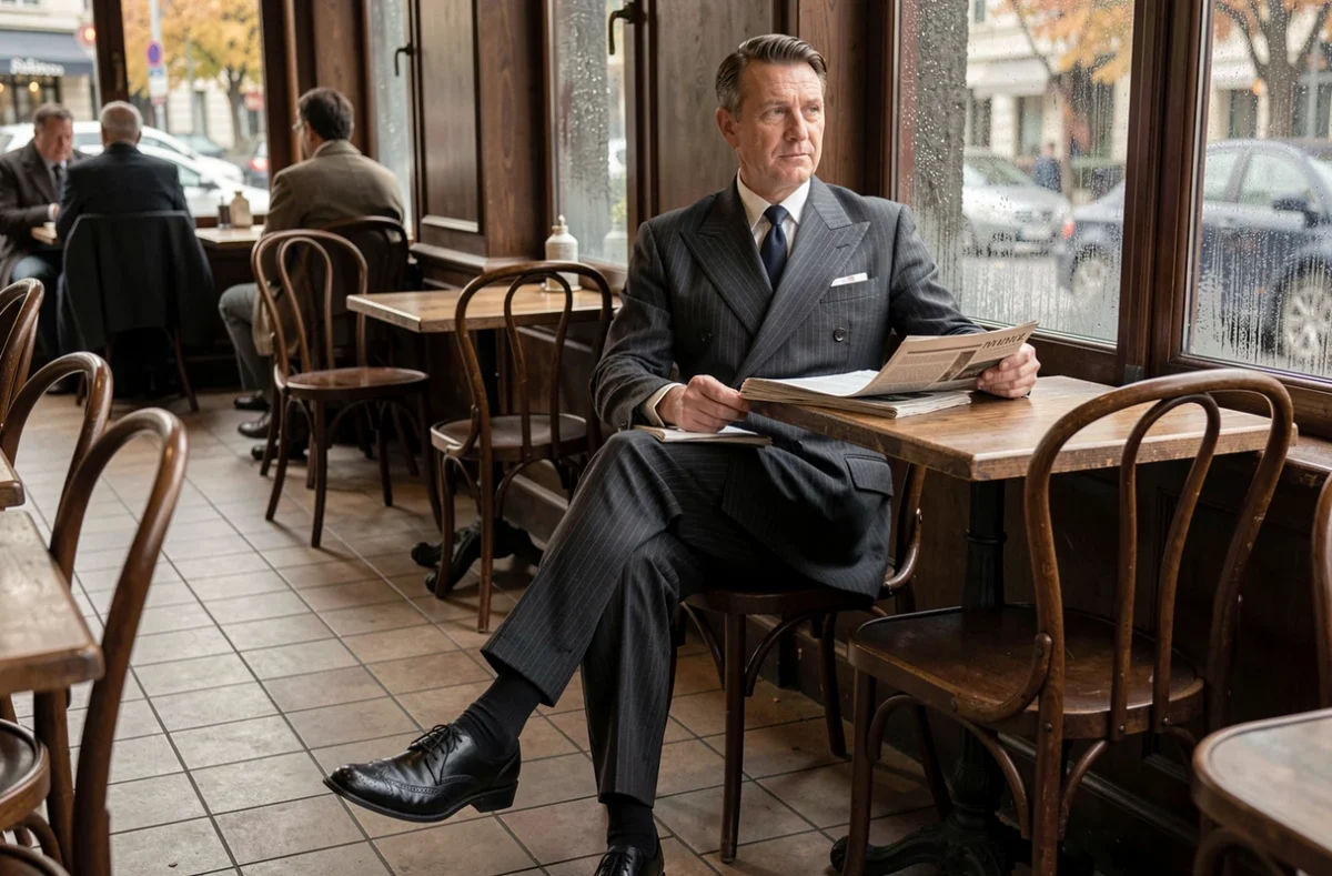 Homme en costume croisé années 1940 avec cravate Windsor et brogues, assis dans un café européen vintage