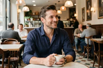Homme séduisant et épanoui souriant dans un café parisien, illustrant le thème de l'amour et de la séduction masculine